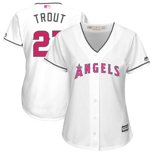 Angels #27 Mike Trout White Mother's Day Cool Base Women's Stitched MLB Jersey - Click Image to Close